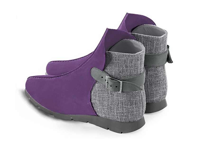 Women's amethyst purple, pebble grey and dove grey elegant ankle boots, with buckles at the back. Round toe. Thin rubber soles - Rear view